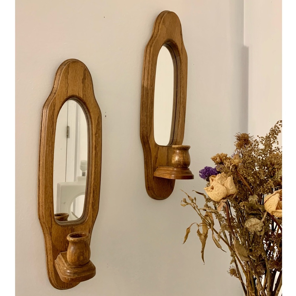 Vintage mid century wood mirror candle sconces